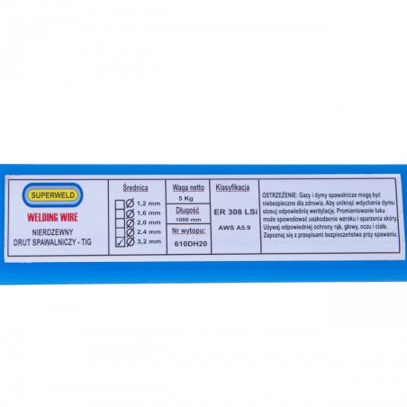 Druty TIG do stali nierdzewnej (316LSi - SUPERWELD) L-1000 Ø 3,2 1kg